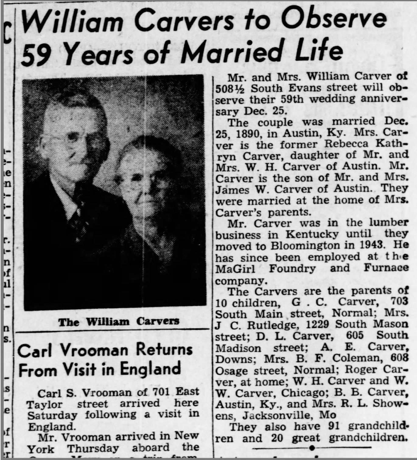 William Carvers to Observe 59 years of Married Life